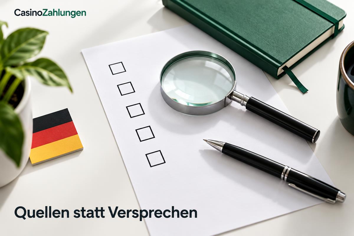 CasinoZahlungen: Checkliste, Lupe und Notizbuch als Illustration der Quellenarbeit