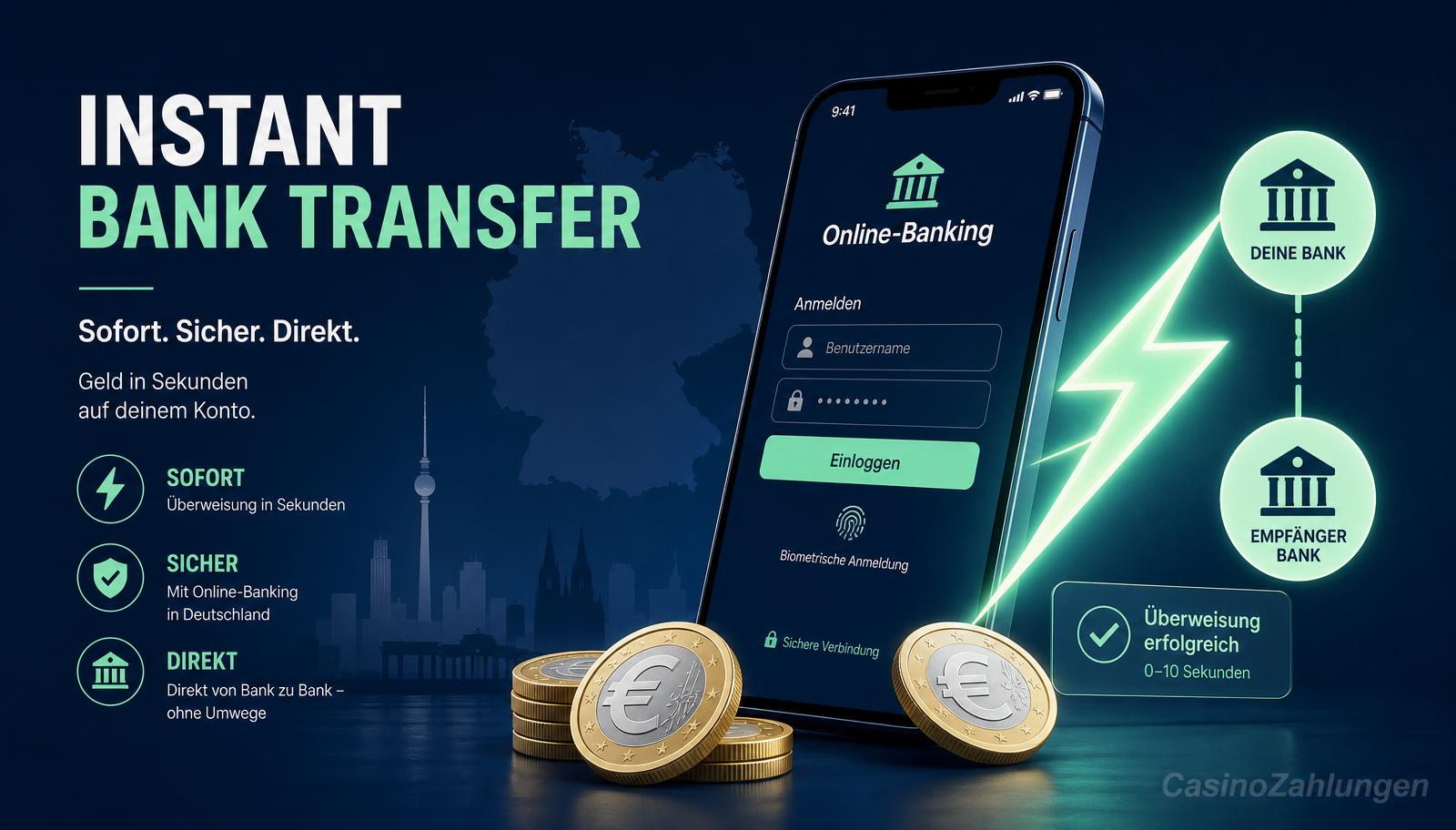 Infografik zur SOFORT-Überweisung: Online-Banking-Login, Freigabe und Gutschrift in Sekunden