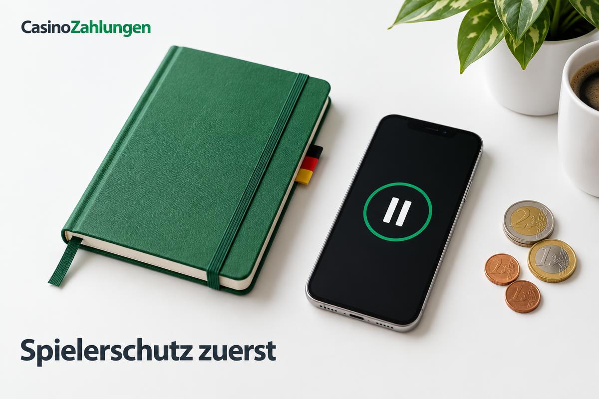 CasinoZahlungen: Budgetbuch, Euro-Münzen und Pausensymbol für Spielerschutz